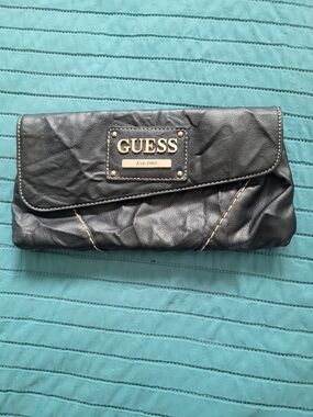 GUESS Black Leather Fold-Over Clutch with Gold Logo